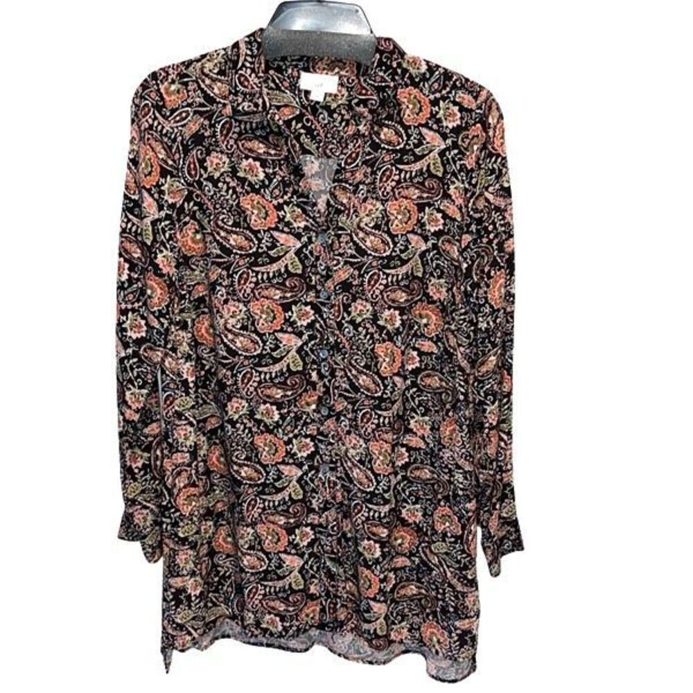 J. Jill Tunic Womens Black Multi Floral Paisley Button Up Long Sleeve Blouse Sma